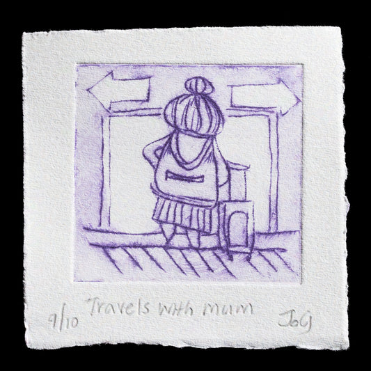 This artwork is a captivating collagraph print titled "Travels with my mum" by Jo Gifford. Set against a black background, the piece features a woman standing in front of a doorway, facing rightwards, wearing a skirt and top. Her hair is styled in a bun, adding to her distinctive appearance. The composition showcases the artist's unique style, blending elements of figure drawing with a subtle nod to cubism.