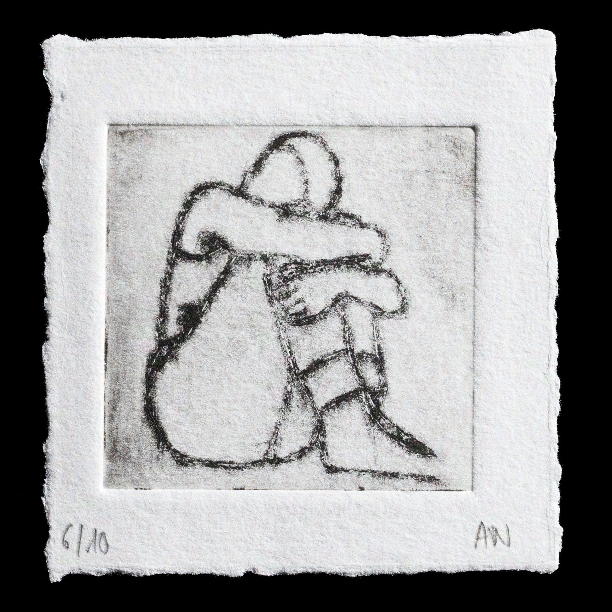 This etching print, "Sorrow," is a poignant representation by Agnes, skillfully executed in drypoint. Against a somber gray background, a solitary figure sits with their head bowed, conveying profound sadness. The artist's masterful use of shading and line work imbues the piece with an air of melancholy, inviting contemplation on the human experience of sorrow.