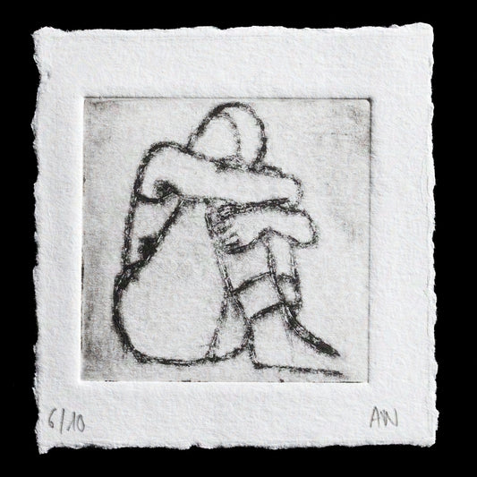 This etching print, "Sorrow," is a poignant representation by Agnes, skillfully executed in drypoint. Against a somber gray background, a solitary figure sits with their head bowed, conveying profound sadness. The artist's masterful use of shading and line work imbues the piece with an air of melancholy, inviting contemplation on the human experience of sorrow.