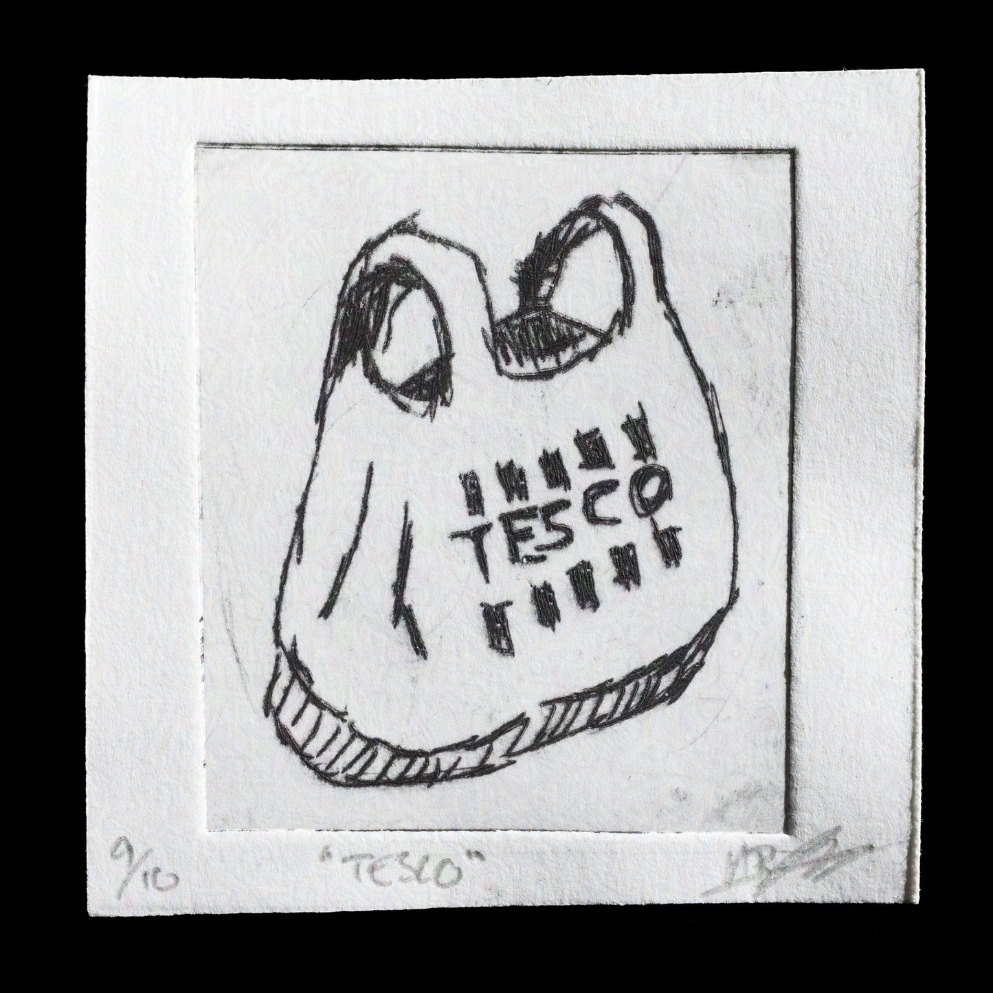 This drypoint print by Alexander Jones features a Tesco bag against a black background.

The image showcases a monochromatic, hand-drawn design that captures the essence of everyday life. The print is rendered in a range of grayscale tones, from light to dark, with subtle texture and shading adding depth to the composition.