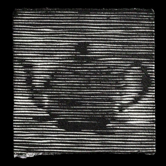 This linocut print, titled 'Teapot' by Freyja Fristad, features a striking black background with white horizontal lines, creating a bold and graphic design that effectively captures attention.