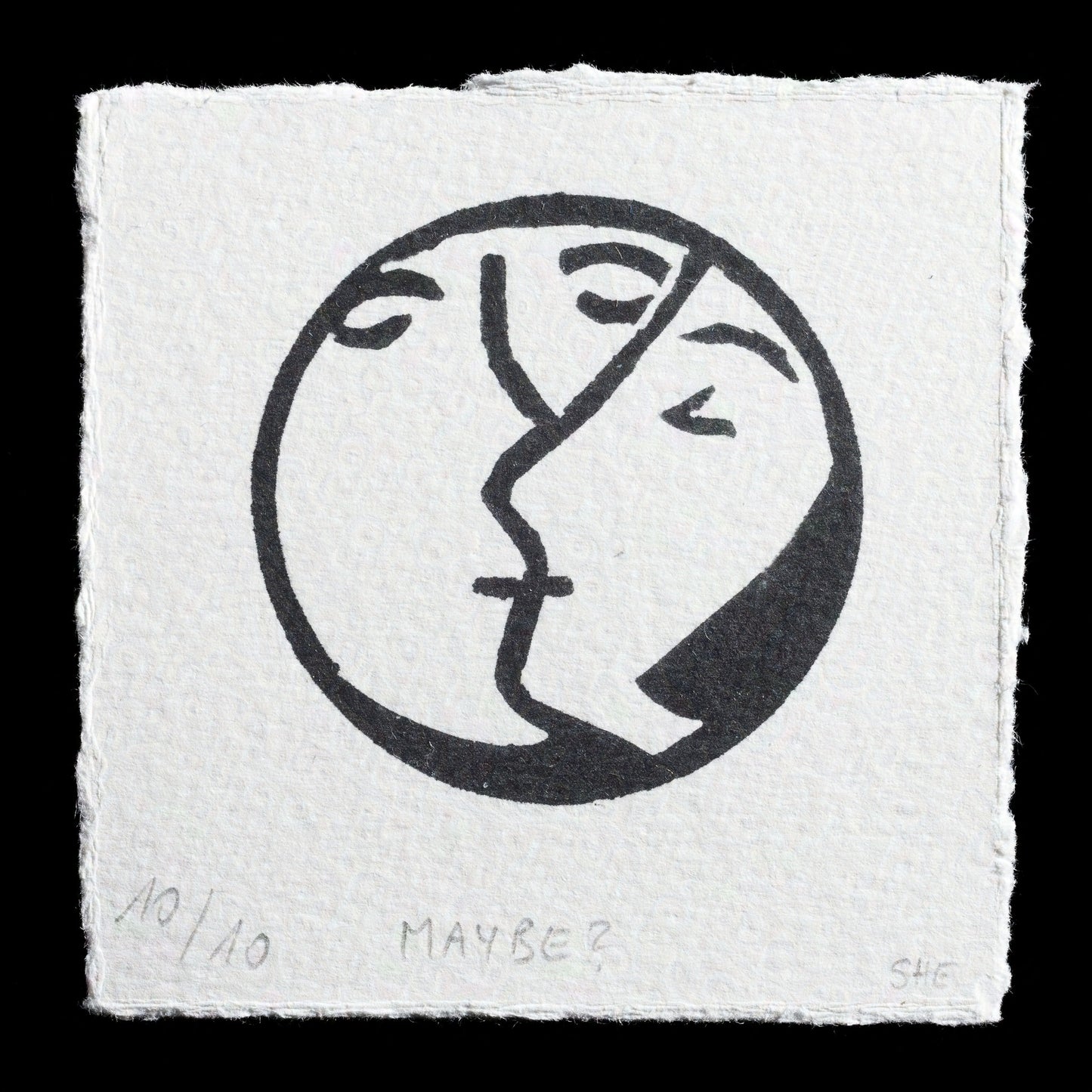 This print, "Maybe?" by 'she,' is a striking example of relief printing. Against a stark white background, the bold black design features a stylized face with an ambiguous expression, divided into two halves that mirror each other. The intricate details and bold lines create a captivating visual effect.