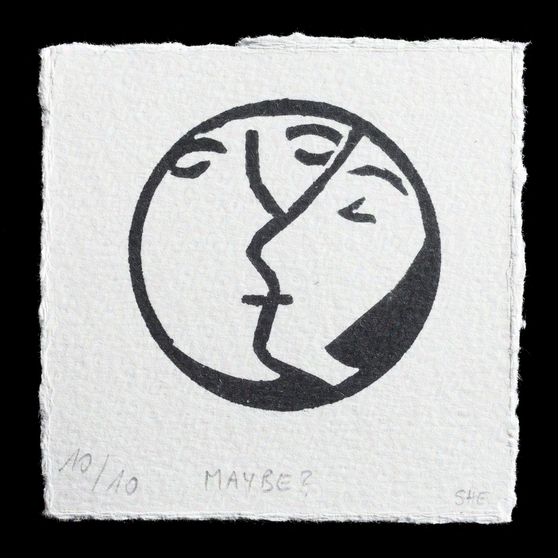 This print, "Maybe?" by 'she,' is a striking example of relief printing. Against a stark white background, the bold black design features a stylized face with an ambiguous expression, divided into two halves that mirror each other. The intricate details and bold lines create a captivating visual effect.