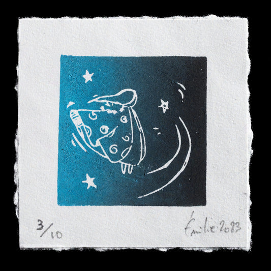 This print, titled "The wanderer star", is a captivating linocut artwork by �milie - Reflets Oniriques. Against a deep blue background adorned with white stars, a stylized face emerges, its features partially obscured by a crescent moon shape. The artist's signature and title are discreetly placed in the lower right corner of the print, adding an air of mystery to this enchanting piece.