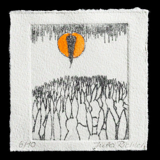 The image is a drypoint and watercolor print titled "The total eclipse by the carrot" by Jutta Richter. It features an orange circle with a black center at the top, surrounded by dark lines resembling rain or icicles. At the bottom of the print are numerous abstract shapes in various shades of gray and black, possibly representing grass. The print's background is off-white with darker edges around it.