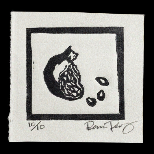 This artwork, "Pomegranate" by Renee Perry, showcases a captivating black-and-white linocut print that exudes elegance. Centered within a square border is an intricately carved pomegranate, its seeds artfully arranged in symmetrical rows. The artist's signature is discreetly placed at the bottom right corner of the composition, adding a touch of sophistication to the overall design.