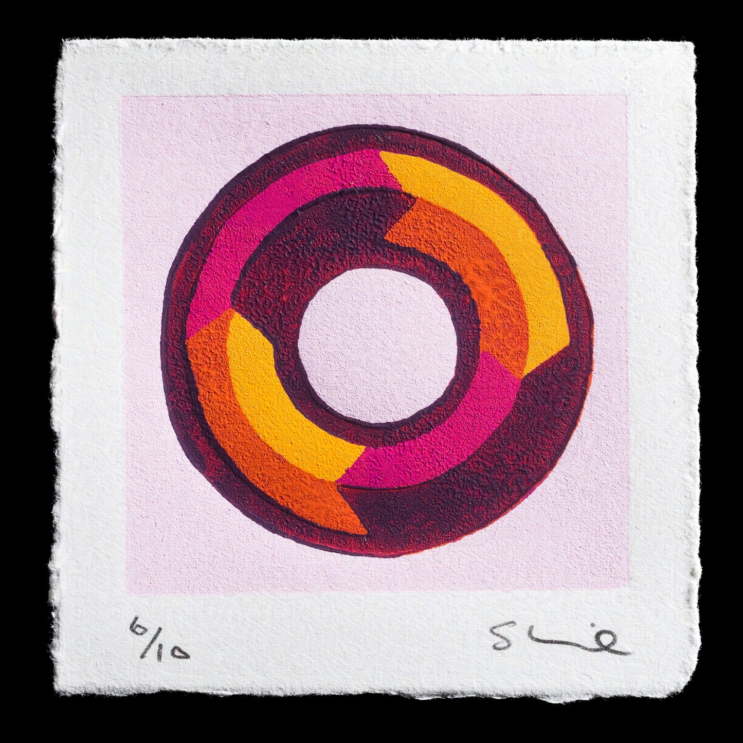 This print features a linocut design titled 'O' by Steve Irvine, showcasing an abstract circular motif with vibrant pink, orange, yellow, and purple hues set against a light pink background. The artist's signature and edition number are discreetly placed at the bottom of the artwork.