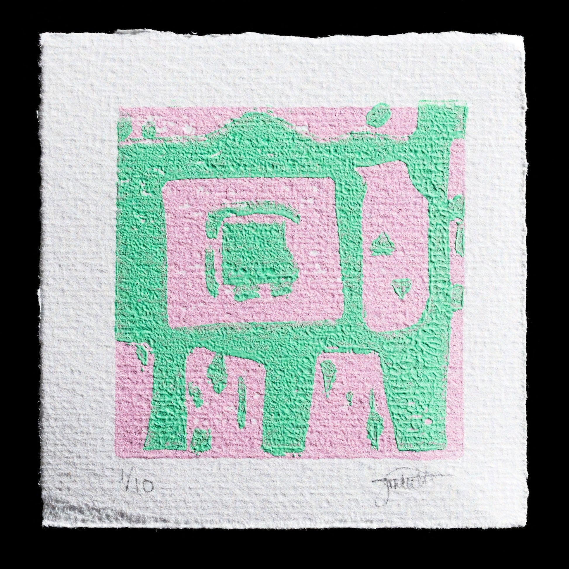 This linocut print features a pink square with a green geometric pattern in the center, surrounded by a white border. The image is unsigned and lacks any additional details or context.