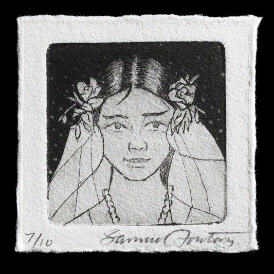 This print, 'The Winter Bride', showcases Samuel Fontanez's mastery of etching and aquatint techniques. The artwork presents a serene winter scene with subtle coloration.