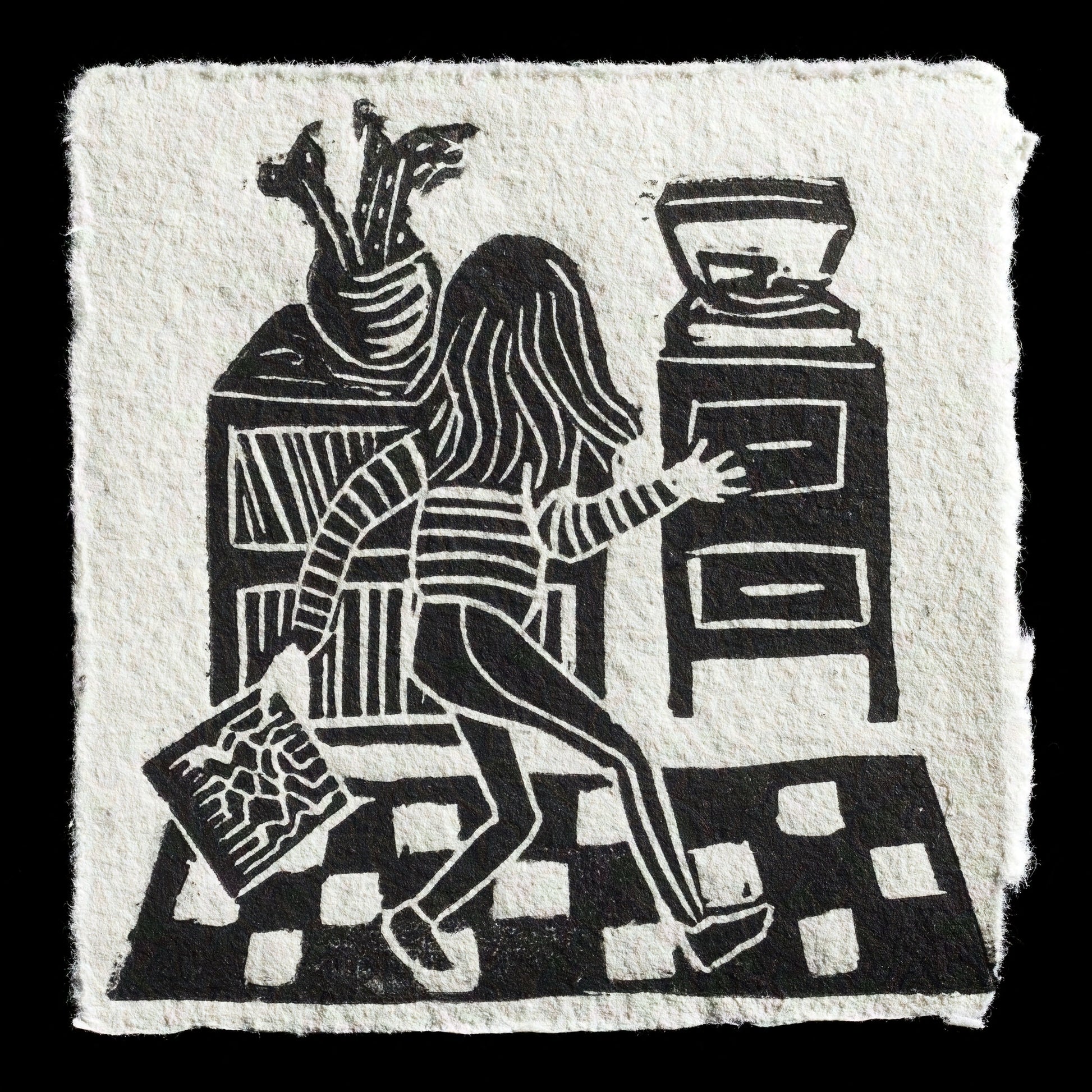 This linocut print by Chard� depicts a person spinning freely in front of a dresser. The artwork features a black background with bold white lines, showcasing the artist's use of contrasting colors to create visual interest.