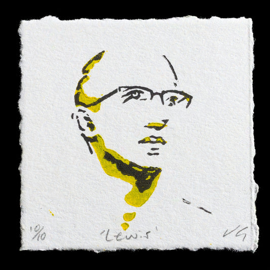 This print, "Lewis" by Jennifer Garthwright, features a striking linocut design that showcases bold black lines and vibrant yellow highlights against a crisp white background. The artist's use of contrasting colors creates a visually appealing contrast, while the subject's expression remains enigmatic. A subtle signature in the bottom-right corner adds an air of authenticity to this captivating artwork.