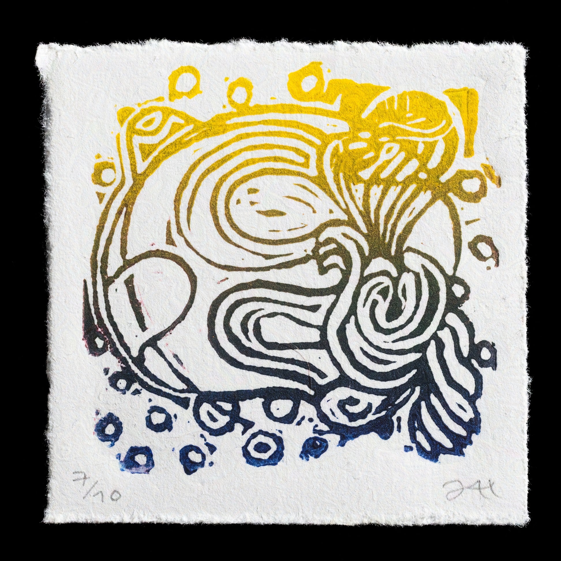 The artwork "Happy" by Julian Alexander Herstatt is a vibrant linocut print featuring a stylized figure with outstretched arms and legs, surrounded by colorful shapes and patterns. The bold lines and bright hues create a lively and energetic composition that conveys a sense of joy and optimism.