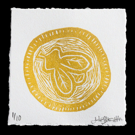 The image features a linocut print of a circular yellow design with white lines radiating from its center. The print has been torn at the edges to give it an aged look.

**Title:** "Enough to keep the flies off of you"
**Artist:** Jonathan Wright
**Techniques:** Relief Print, Linocut