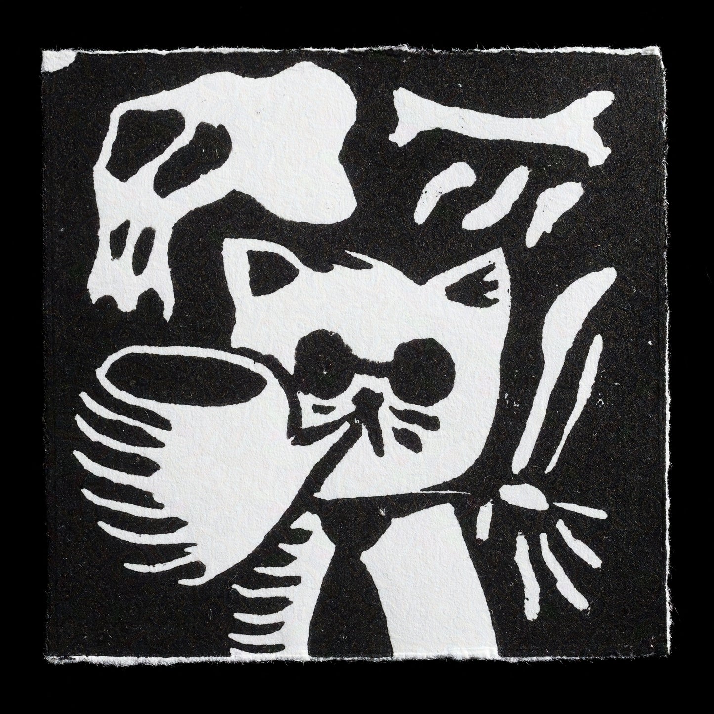 This striking black-and-white linocut print, titled "HellCat" by artist Wupi, presents a captivating abstract composition. At its center is a stylized cat-like figure, rendered in bold lines and geometric shapes against a stark black background. The surrounding area features subtle hints of texture and pattern, adding depth to the overall design.