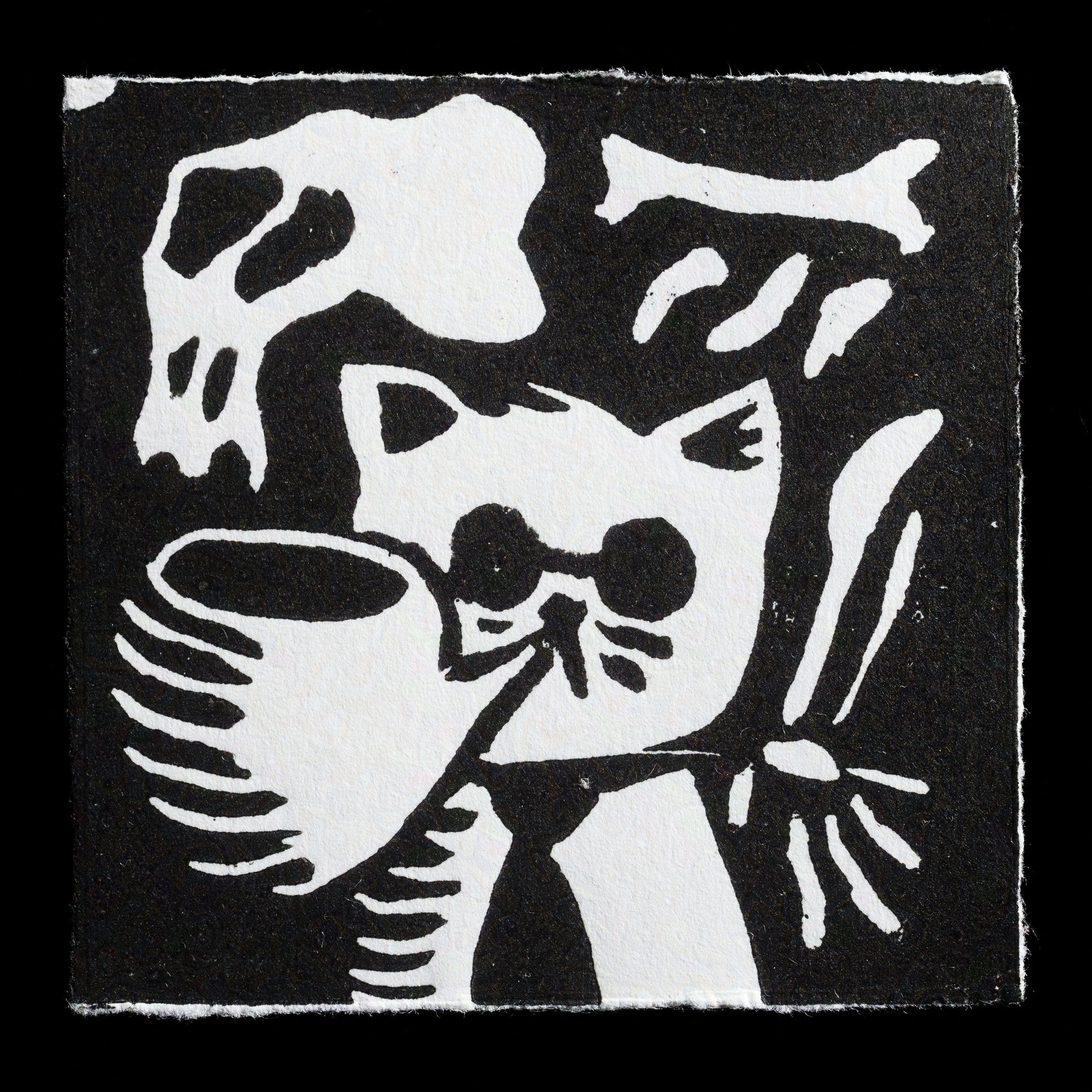This striking black-and-white linocut print, titled "HellCat" by artist Wupi, presents a captivating abstract composition. At its center is a stylized cat-like figure, rendered in bold lines and geometric shapes against a stark black background. The surrounding area features subtle hints of texture and pattern, adding depth to the overall design.