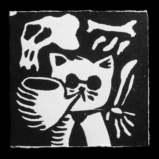 This striking black-and-white linocut print, titled "HellCat" by artist Wupi, presents a captivating abstract composition. At its center is a stylized cat-like figure, rendered in bold lines and geometric shapes against a stark black background. The surrounding area features subtle hints of texture and pattern, adding depth to the overall design.