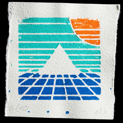 The image features a vibrant art print titled 'Pyramide' by Daniel Bagel, showcasing a pyramid with blue and green stripes on top, set against a white background. Created using woodcut techniques, this print incorporates orange and turquoise hues to create a visually striking piece.