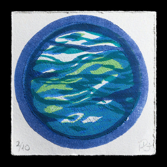 The artwork "Porthole" by D�rte K�stlin-Thompson is a captivating woodcut print that showcases a mesmerizing blue-green abstract design within a circular frame. The composition features a harmonious blend of cool tones, evoking an aquatic atmosphere reminiscent of the ocean's depths.