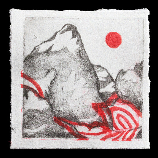 The artwork "Teton Retreat" by Ava Reynolds showcases a serene mountain landscape, created using drypoint techniques with subtle nuances in color, featuring shades of gray and red against a black background.