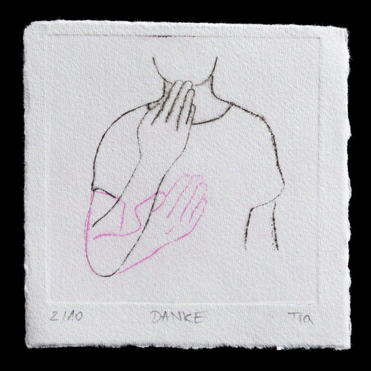 The image depicts a print titled "Danke" by Tia, created using the technique of drypoint. The print features a simple yet elegant design with minimalistic lines and shapes. The dominant color palette consists of shades of gray, complemented by subtle hints of pink in the background. The overall aesthetic is understated yet sophisticated, evoking a sense of refinement and subtlety.