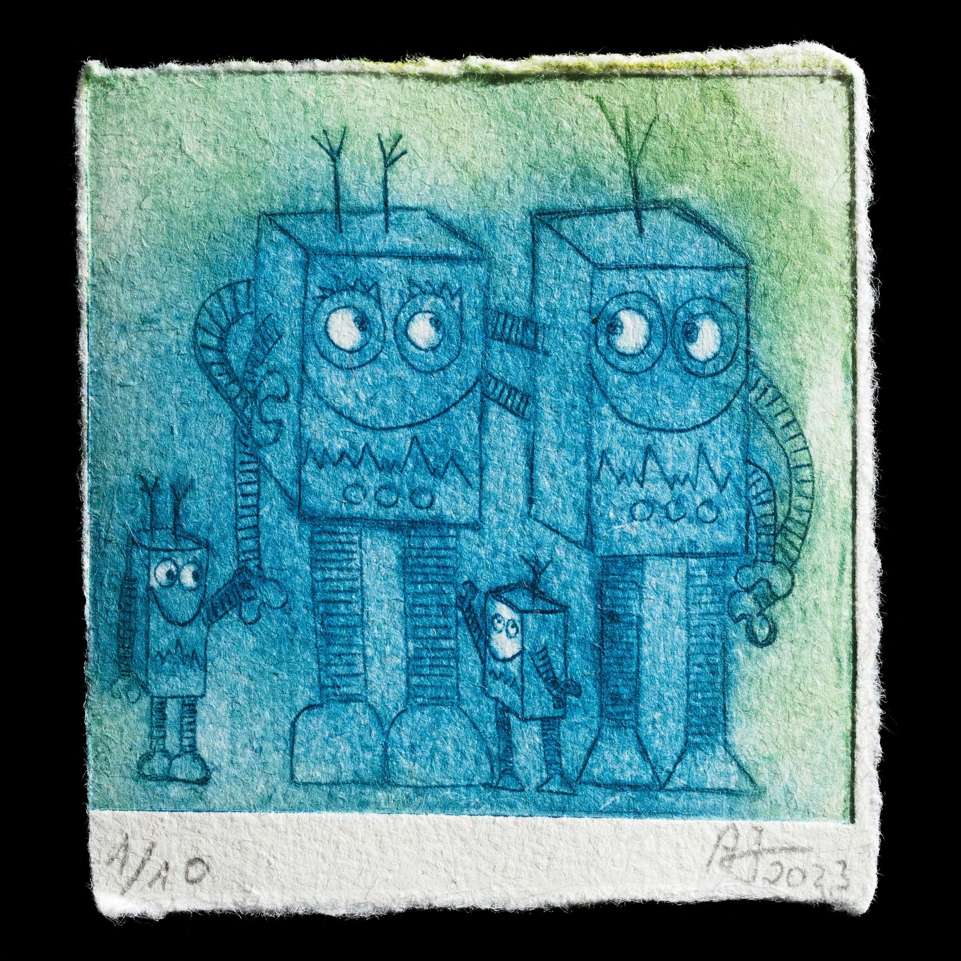 This print by Annika, titled "Happy Robots Family," showcases a vibrant depiction of robots in various sizes, each with distinct facial features. Against a background transitioning from green to blue-green hues, the robots are rendered in shades of blue and turquoise, creating a visually appealing contrast. The artist's use of TetraPak techniques adds a unique texture to the print, enhancing its overall visual impact.