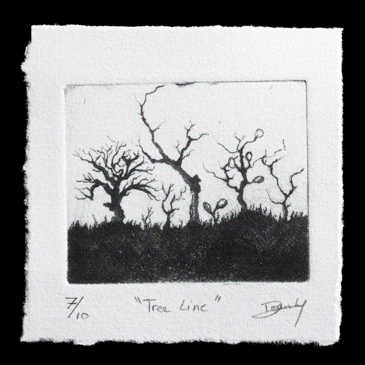 This print, titled "Tree Line" by Dean Ly, showcases a serene landscape with trees depicted in black ink on white paper. The artist's use of drypoint technique adds texture to the image, creating a sense of depth and dimensionality. The monochromatic color scheme allows for a focus on the intricate details of the tree branches and foliage, inviting the viewer to appreciate the natural beauty of the scene.