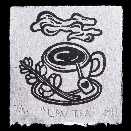 This print, titled 'Lav. Tea' by Diana Oliva, is a captivating linocut artwork crafted from handmade paper.