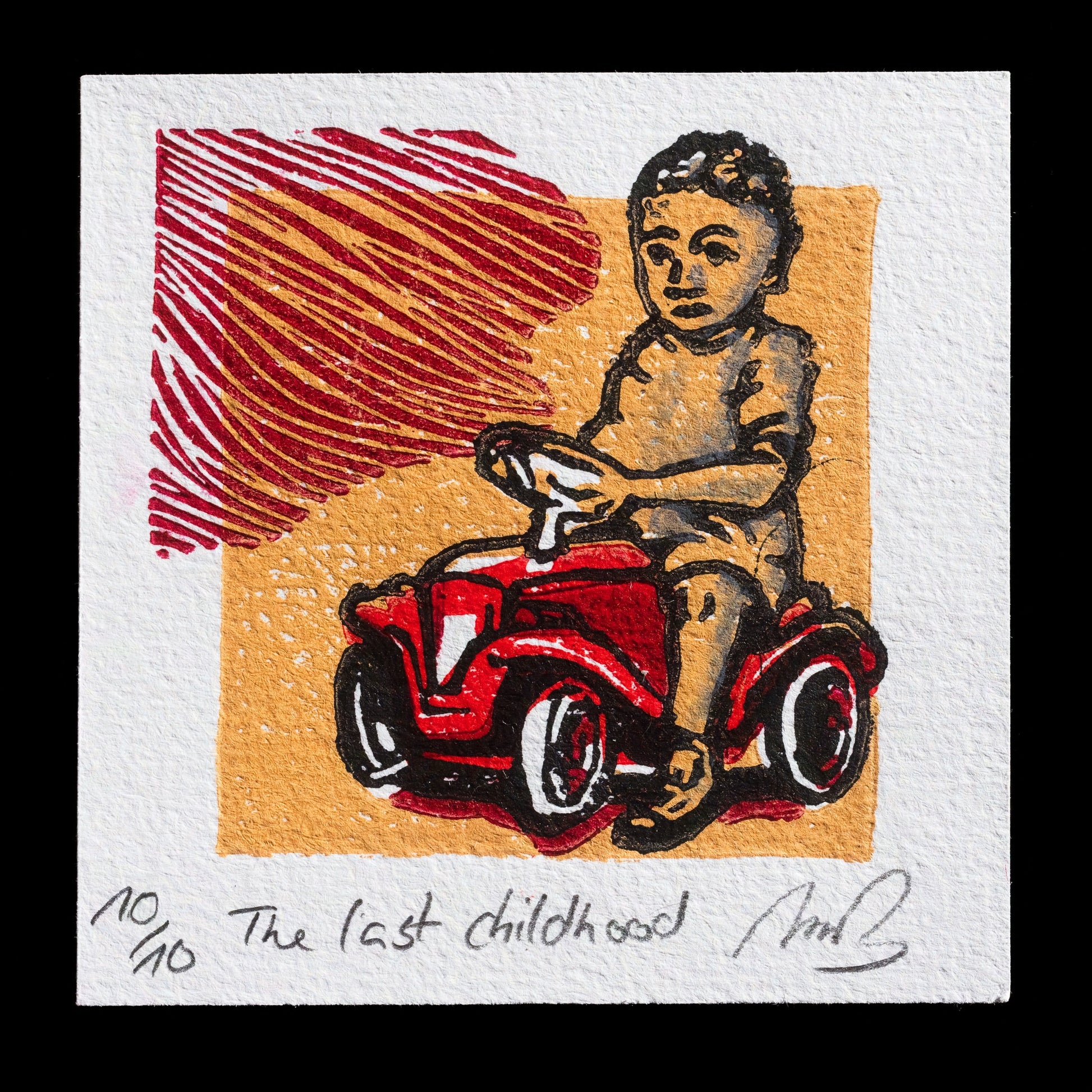 The image depicts a poignant scene capturing the essence of childhood's fleeting nature. A young child sits atop a vintage toy car, their face set in a contemplative expression as they gaze out at an unseen horizon. The linocut print, titled "The Last Childhood," is signed by the artist Marc B�hren and features a predominantly black-and-white color scheme, punctuated only by subtle hints of red and gray.