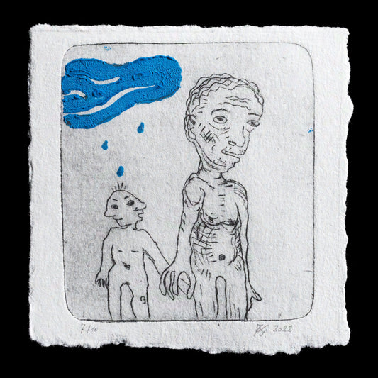 The artwork, titled 'Decision,' showcases Katharina Schellenberger's unique style through a combination of mixed media and TetraPak techniques. The print features two humanoid figures against a background that evokes a sense of contemplation or introspection.