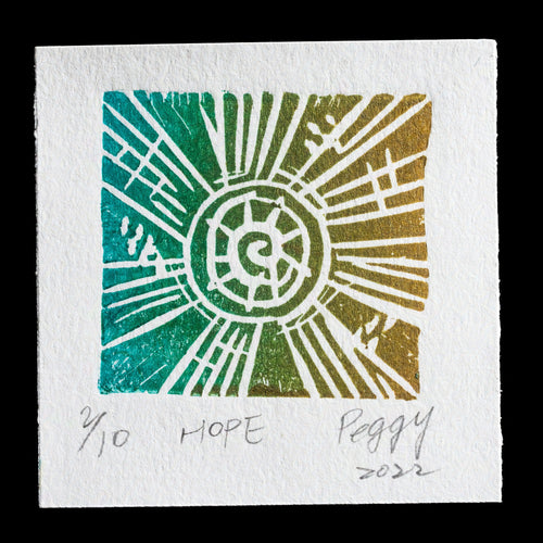 This artwork, titled 'HOPE' by Peggy Lee, showcases a vibrant square design featuring a stylized sunburst motif in shades of green and gold. The intricate details within the sunburst pattern are created using a combination of intaglio, relief print, engraving, and monoprint techniques, resulting in a visually striking piece that exudes hope and positivity.