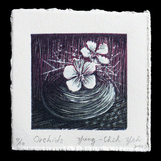 This print, titled "Orchids" by Yung-Chih Yeh, showcases a beautiful floral arrangement featuring white orchids in a square frame. The artist's use of relief printing techniques creates intricate details in shades of purple and gray on a textured off-white background, set against a black border.
