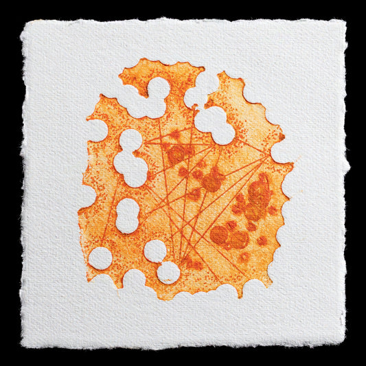 This print, "Molecule" by Barbara Jones, is an intaglio work featuring a central orange-brown molecule surrounded by intricate lines and shapes, set against a white background with subtle orange hues along the edges. The overall effect is one of scientific precision and artistic elegance.