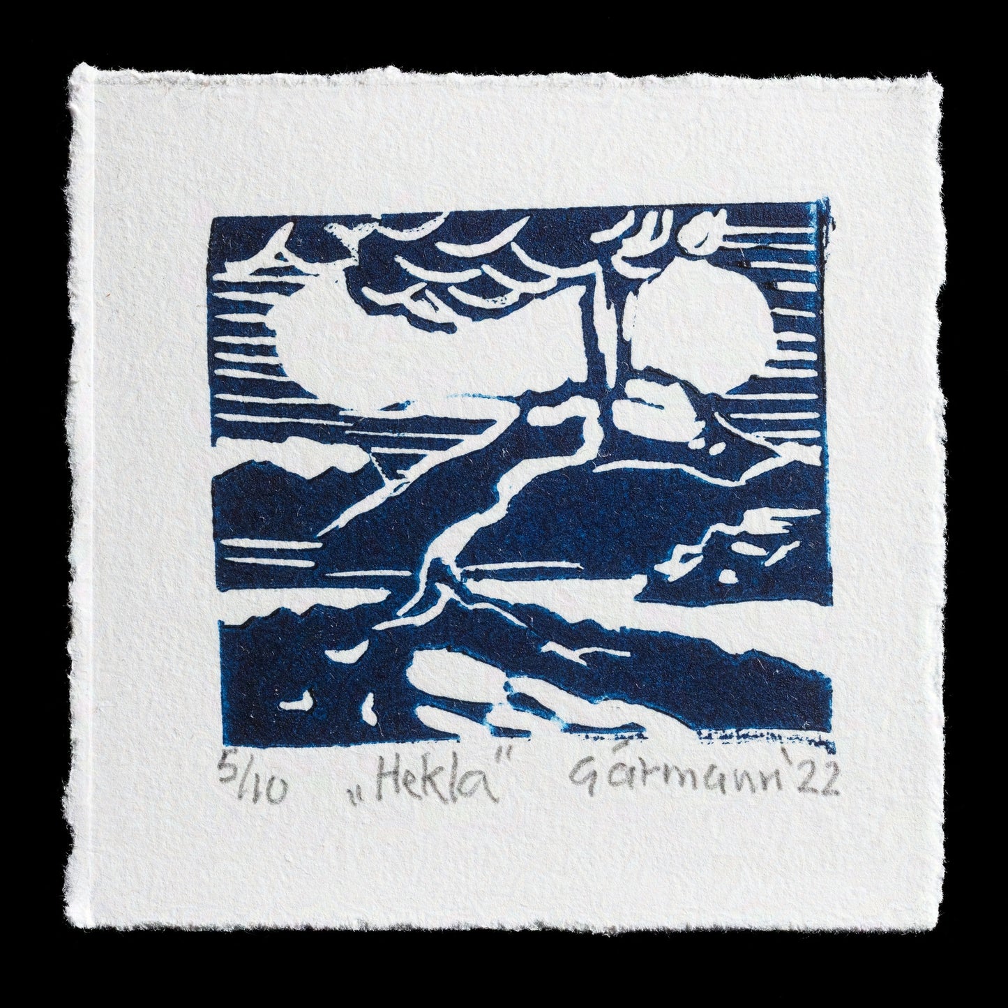 This linocut print, titled "Hekla" by Gu�mundur �rmann, features a striking design with bold white lines set against a deep blue background. The print's intricate details and vibrant color scheme create a visually captivating piece of art.
