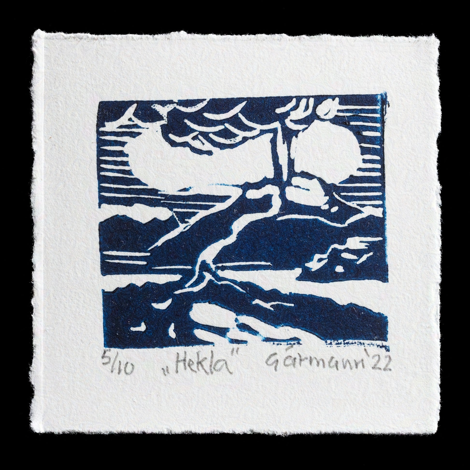 This linocut print, titled "Hekla" by Gu�mundur �rmann, features a striking design with bold white lines set against a deep blue background. The print's intricate details and vibrant color scheme create a visually captivating piece of art.