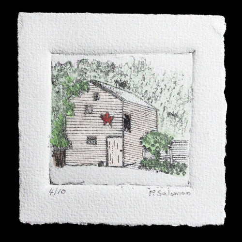 This print, titled 'Lynn�s Barn' by Patricia Salomon, showcases a serene barn scene with a red star adorning its side. Created using intaglio and drypoint techniques, the artist has skillfully incorporated watercolor details to enhance the image's depth and texture. The composition features a simple yet evocative depiction of rural life, inviting viewers to appreciate the beauty in everyday scenes.