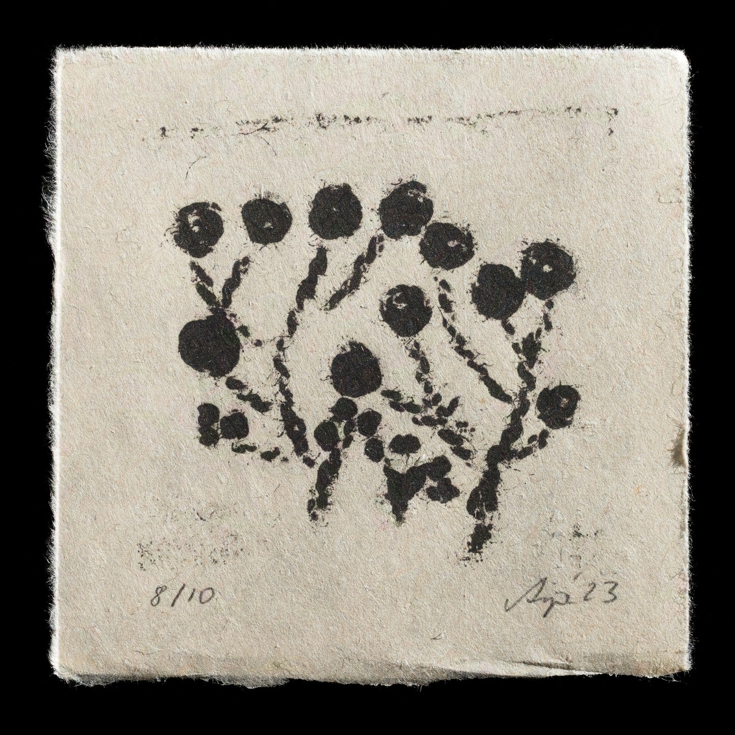 This print, titled "Embroidered Garden" by Anja R. Lampert, showcases a unique blend of techniques: relief print and collagraph. The black ink relief print features circular motifs that resemble embroidered flowers on light tan paper, creating a harmonious contrast between the vibrant and muted tones.