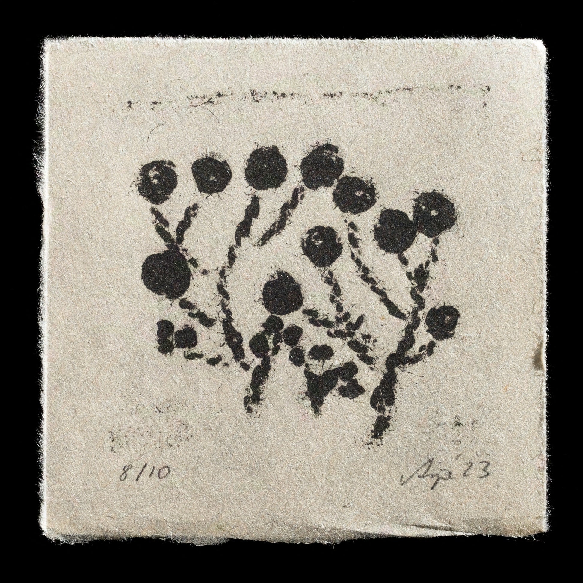 This print, titled "Embroidered Garden" by Anja R. Lampert, showcases a unique blend of techniques: relief print and collagraph. The black ink relief print features circular motifs that resemble embroidered flowers on light tan paper, creating a harmonious contrast between the vibrant and muted tones.