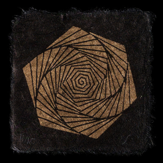 The print "On the Line" by Leonie Selbach showcases a spiral design with bold black lines against a rich brown background. The handmade paper adds texture to this striking linocut relief print.