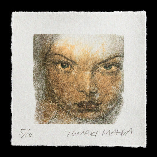 This limited edition etching print, titled "Entropy" by Tomaki Maeda, showcases a captivating portrait of a woman's face in warm brown tones, set against a subtle off-white background. The artist's use of mixed media techniques creates intricate textures and details that add depth to the composition. This unique piece is part of a limited edition run, numbered 5/10.