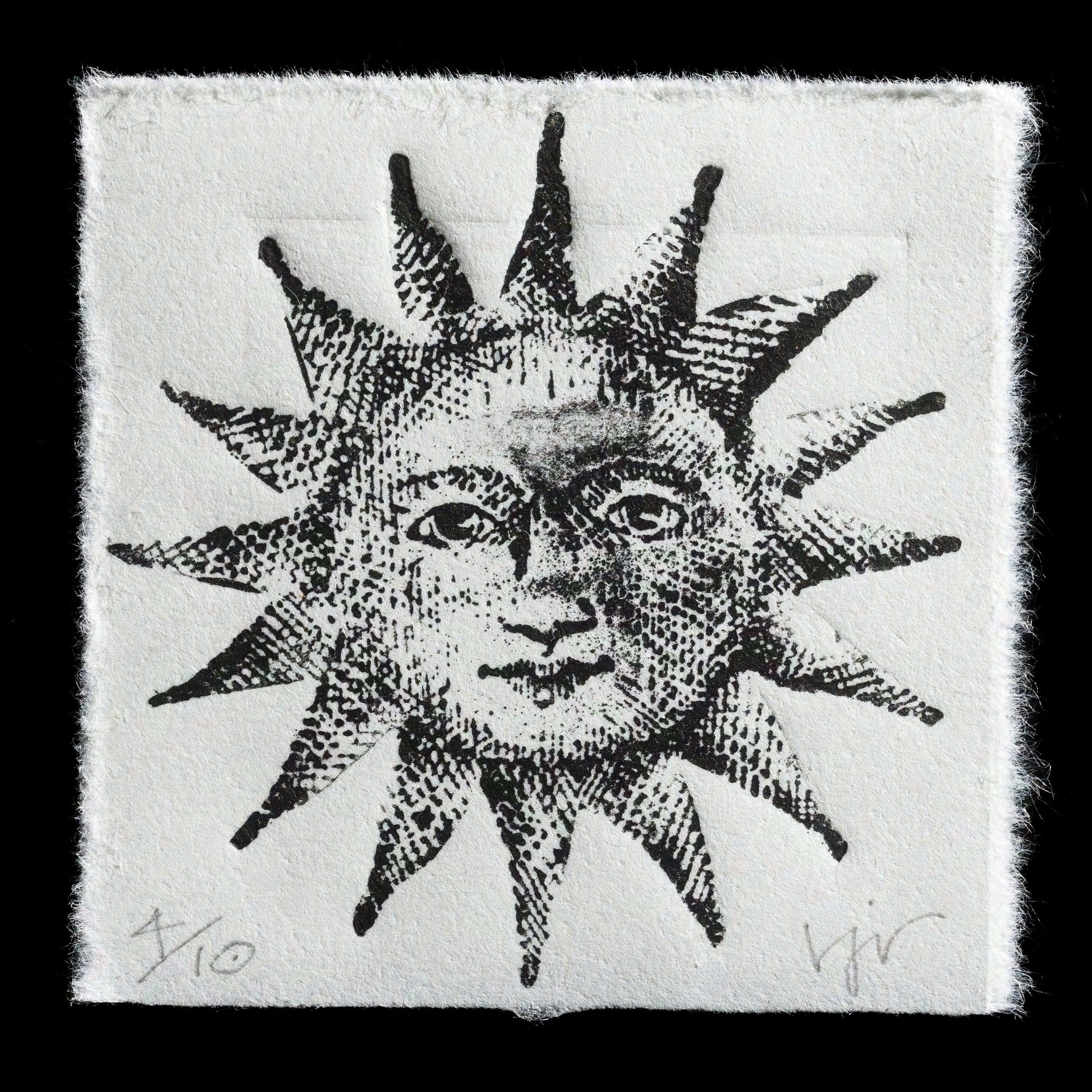 The image depicts a black-and-white print of a sun with a face, titled "Shine On" by Rebecca Rush. This piece was created using the technique of etching.

**Key Features:**

* The print features a sun with a face, rendered in black and white.
* The background is not visible, allowing the viewer to focus on the central image.
* The overall effect is one of simplicity and elegance, making "Shine On" a striking addition to any art collection.