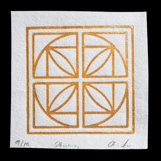 This artwork, 'Squares,' is a relief print featuring a square grid with four quadrants, each containing various geometric shapes. The print's color palette consists solely of orange hues.

The piece showcases Andrew Parker's skill in using both traditional and innovative techniques, such as the incorporation of 3D printed plates to create intricate designs.
