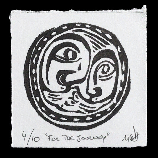 This print, "For the Journey" by Maria G. Herrera, is a captivating linocut artwork that showcases the artist's skillful use of monochromatic tones. The intricate design features a stylized face surrounded by a circular border, with bold black lines and subtle shading creating depth and dimensionality. Against a stark white background, the print exudes a sense of simplicity and elegance, inviting viewers to ponder its symbolism and meaning.