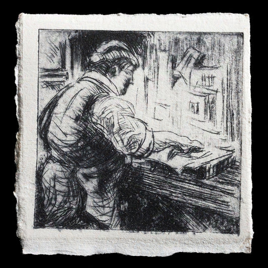 This print titled "The Boston Printer" by Ky Lewis showcases a skilled craftsman at work in a traditional setting, created using drypoint techniques with TetraPak materials. The artist's use of dark tones and detailed illustrations evokes a sense of nostalgia for the past.