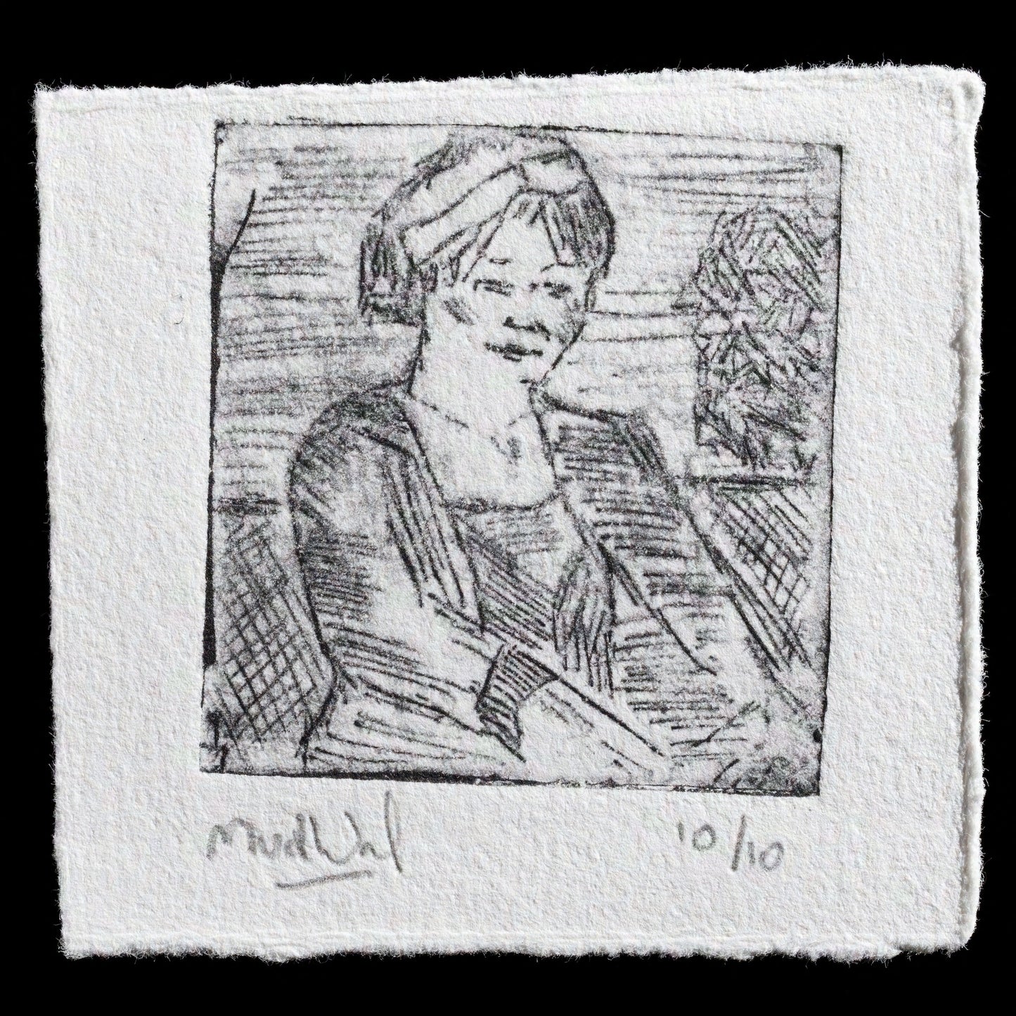 This etching print, "Monique" by Monique D. van de Wal, features a woman with short hair in an intricate outfit against a plain background. The artist's distinctive style is evident in the detailed lines and textures that bring depth to the subject.