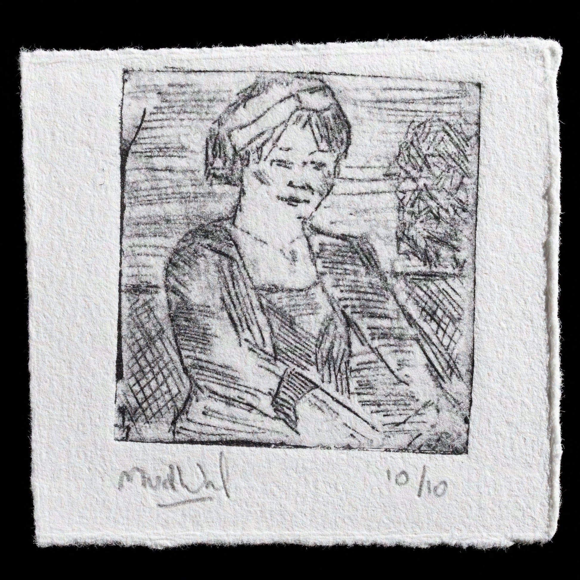 This etching print, "Monique" by Monique D. van de Wal, features a woman with short hair in an intricate outfit against a plain background. The artist's distinctive style is evident in the detailed lines and textures that bring depth to the subject.