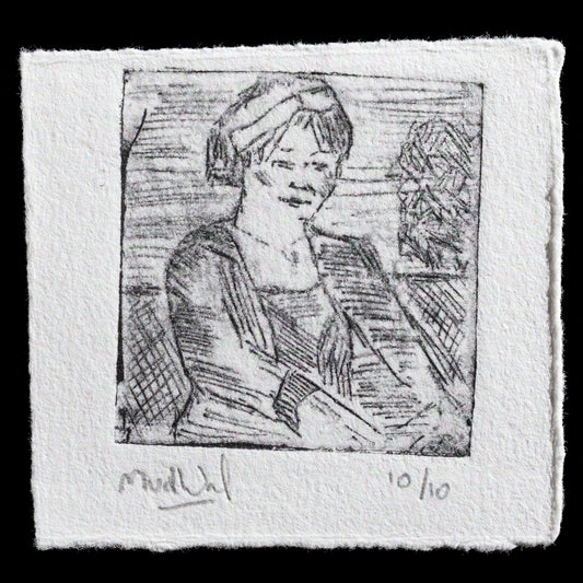 This etching print, "Monique" by Monique D. van de Wal, features a woman with short hair in an intricate outfit against a plain background. The artist's distinctive style is evident in the detailed lines and textures that bring depth to the subject.