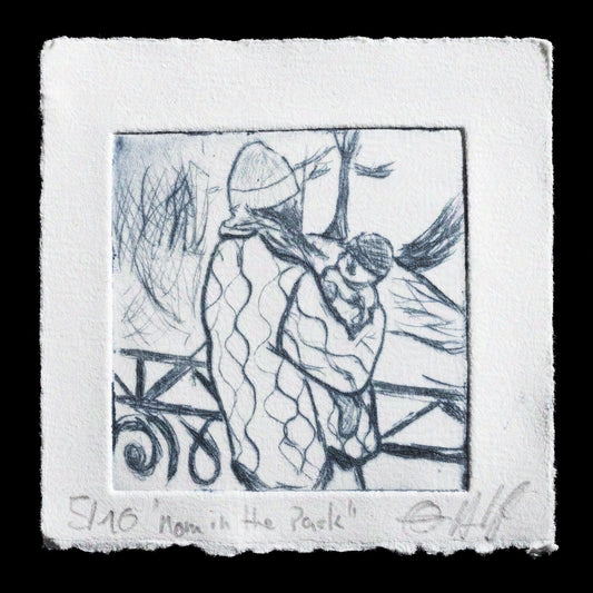 This etching, 'Mom in the Park' by Claas-Hauke Steiner, captures a tender moment between a mother and child outdoors. The monochromatic palette features dark lines and shading, evoking a sense of warmth and connection between the subjects as they share an intimate experience together.