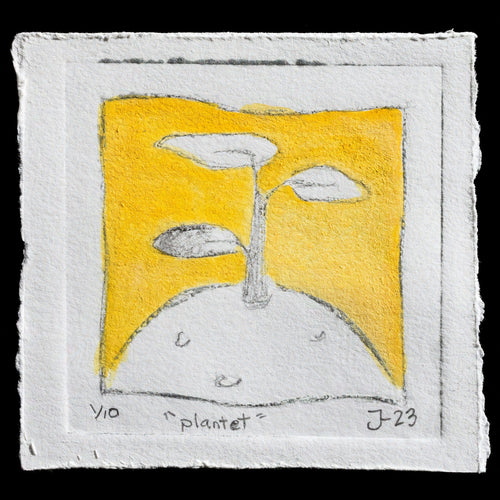 This print features a stylized illustration of a plant in front of a sunny background, rendered in soft yellow hues with watercolor washes.

**Key Elements:**

* A simple plant design
* A yellow-colored sunlit backdrop
* Drypoint and watercolor techniques used to create the piece

**Artist's Style:**
The artist employs a minimalist approach, focusing on clean lines and subtle coloration.