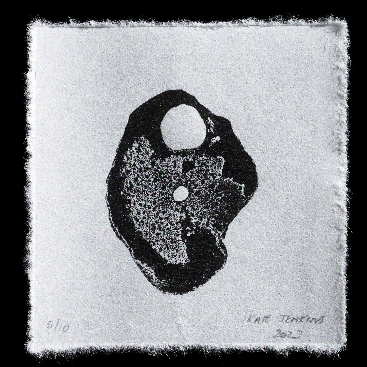 This black-and-white etching print features a circular shape with a hole in the center, set against a square background. A small white circle is positioned at the bottom of the circular opening. The artist's signature, 'Kate Jenkins', and the year '2023' are inscribed along the bottom edge in pencil.