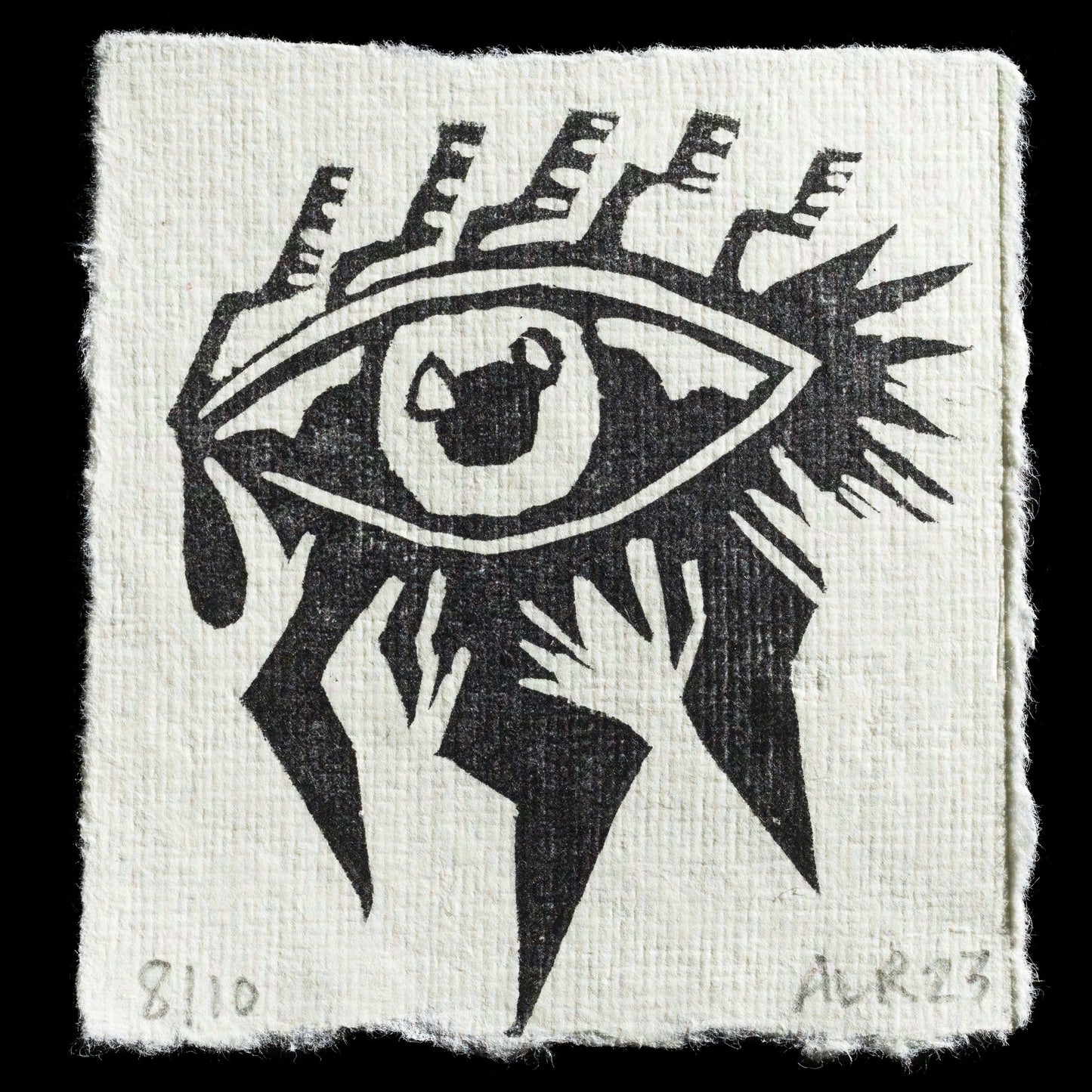 The image features a linocut print titled "Eye of Storm" by Andrea Richichi, showcasing a stylized eye motif in black on an off-white background.